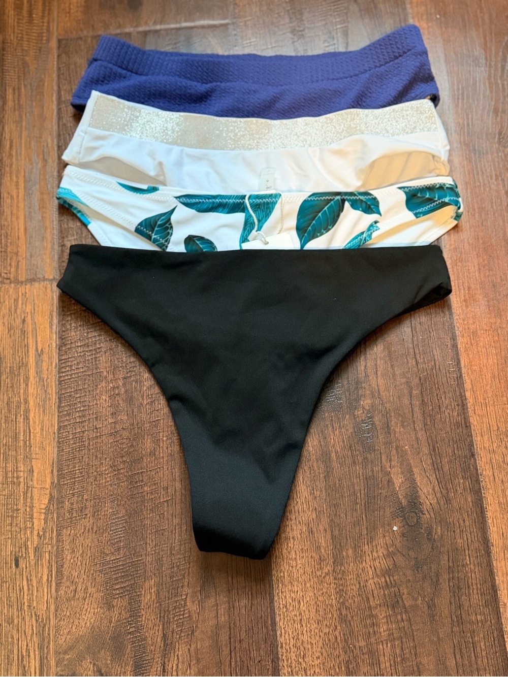 Set of 4 Bikini Bottoms - Black, White, Teal Leaf, Purple